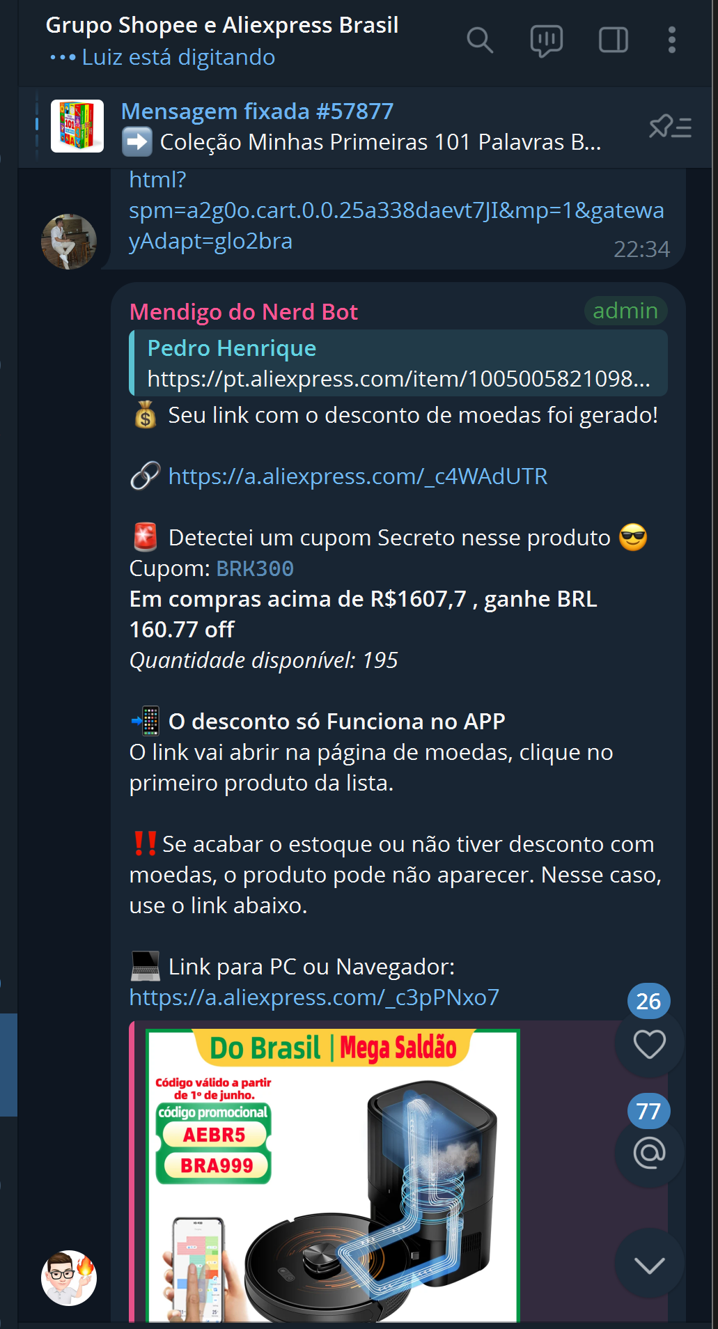 Moedas e cupons secretos do AliExpress no grupo, com link de afiliado